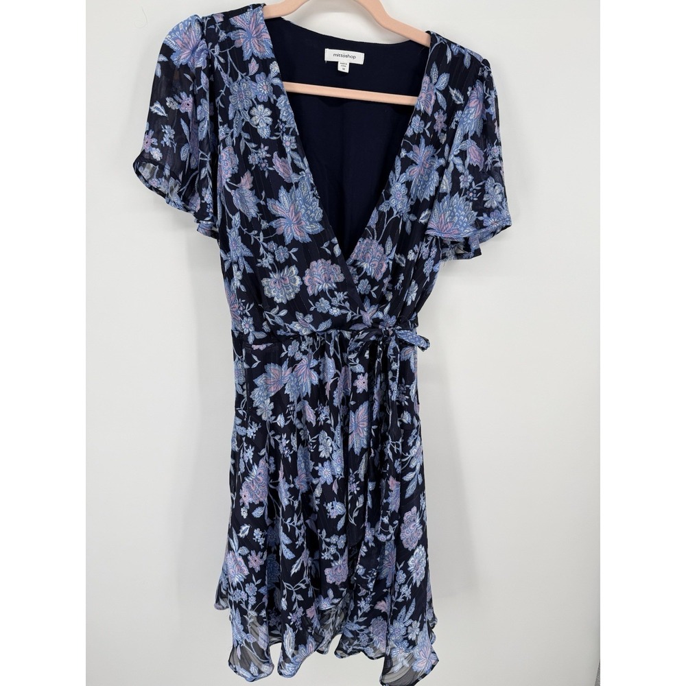 MITTOSHOP Floral Wrap Dress Womens Medium M Chiffon Flutter Sleeve V-Neck Navy